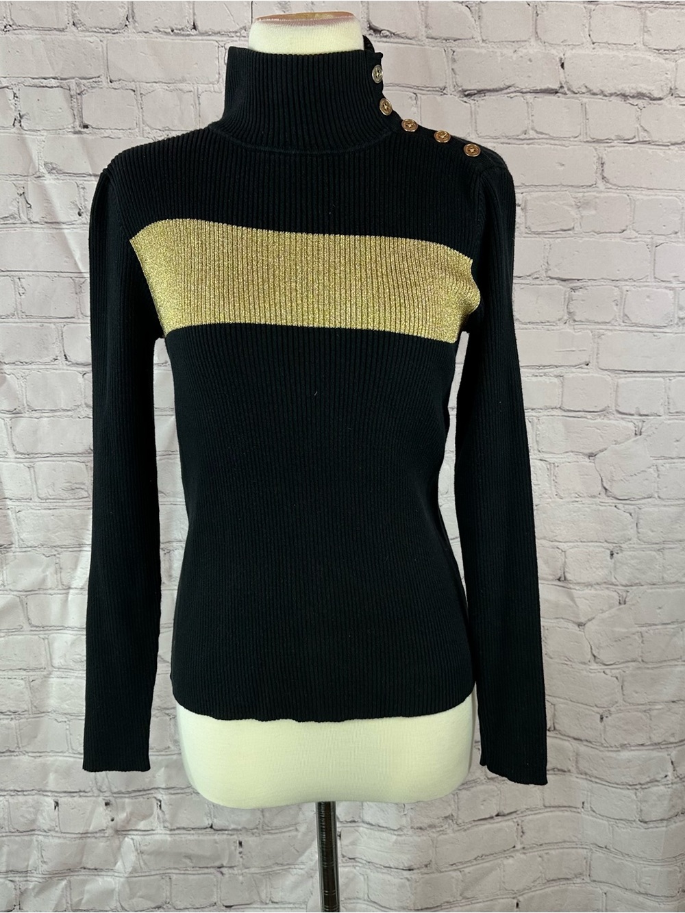 LRL lauren Ralph Lauren Black gold Turtleneck fitted Sweater women S metallic